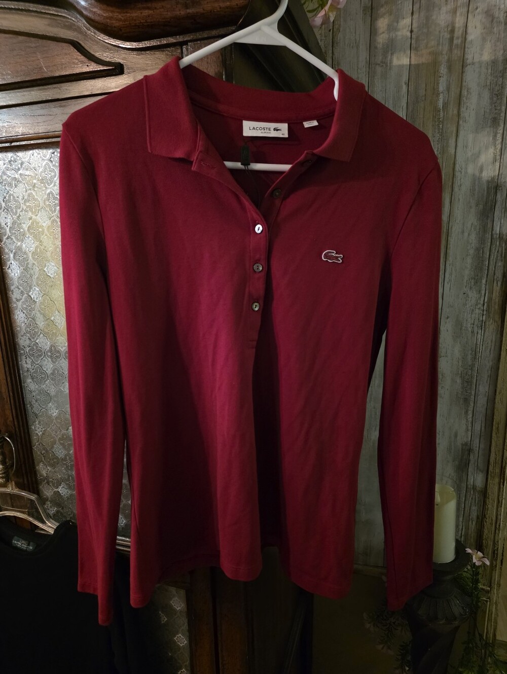 Lacoste Women's Long Sleeve V-Neck Polo Sweater - Burgundy (42-L)